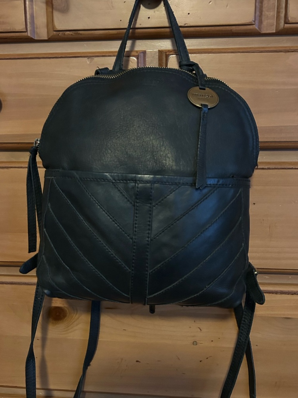 Margot Black Leather Chevron Pattern Backpack